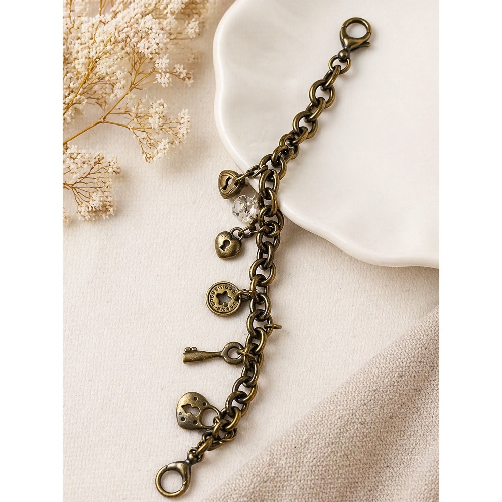 Fossil Brass Tone Charm Bracelet Hearts Key Crystal Antique Finish Vintage Style